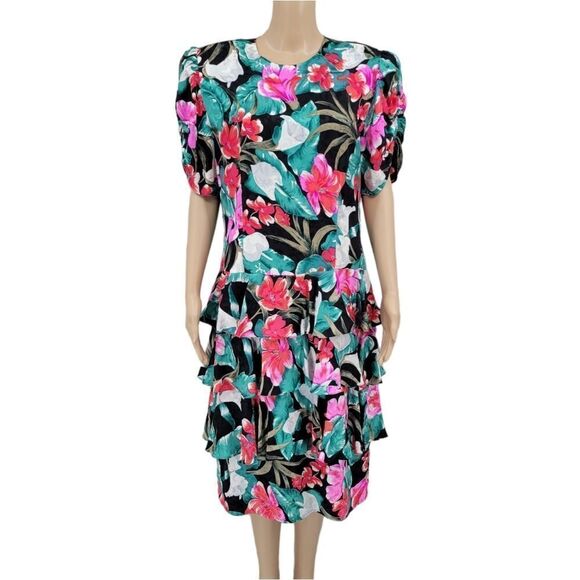 Maggy London by Jeannene Booher 80s Silk Tropical Dress Women's Plus Size 14 - Picture 1 of 14